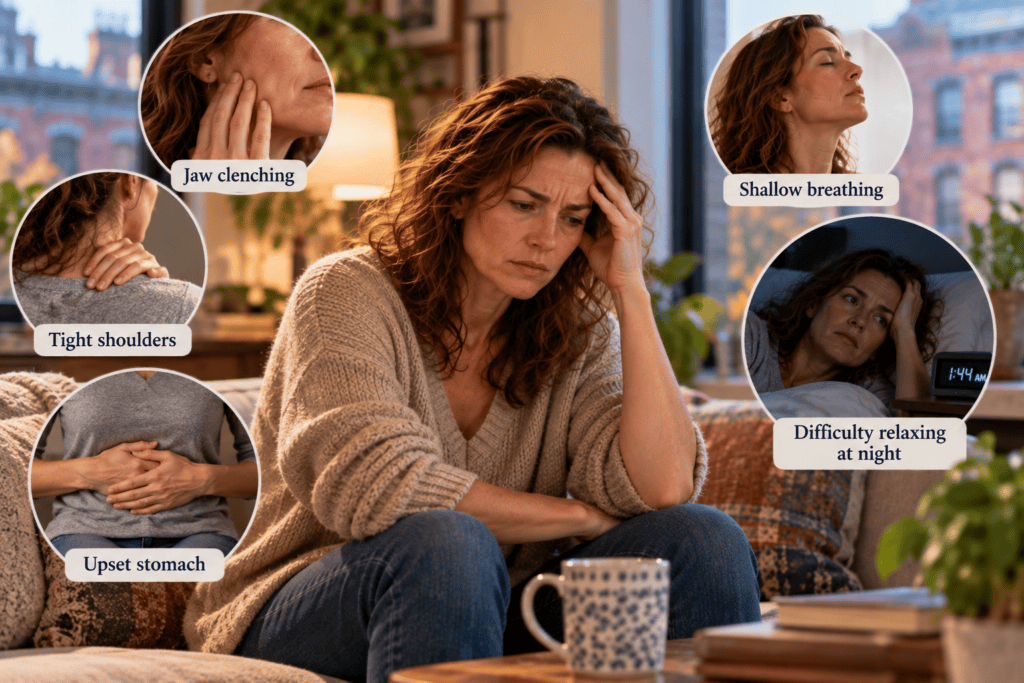 Woman experiencing jaw tension, tight shoulders, shallow breathing, an upset stomach, and difficulty relaxing at night during periods of stress.