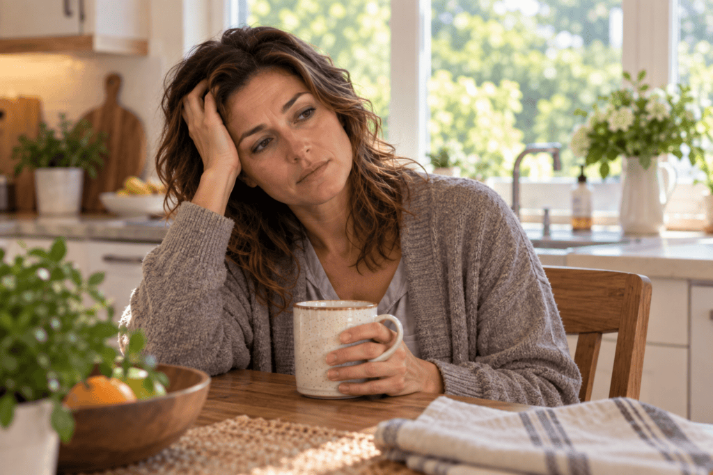 Tired woman sitting with a warm mug in the morning after a poor night’s sleep.