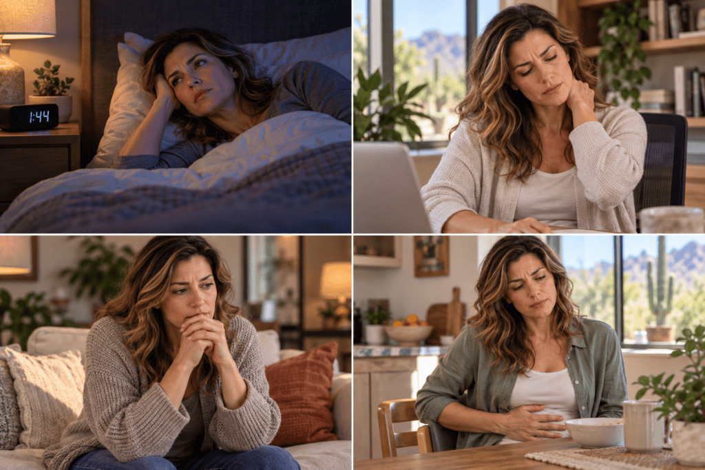 Woman experiencing persistent sleep problems, chronic pain, anxiety and digestive discomfort.