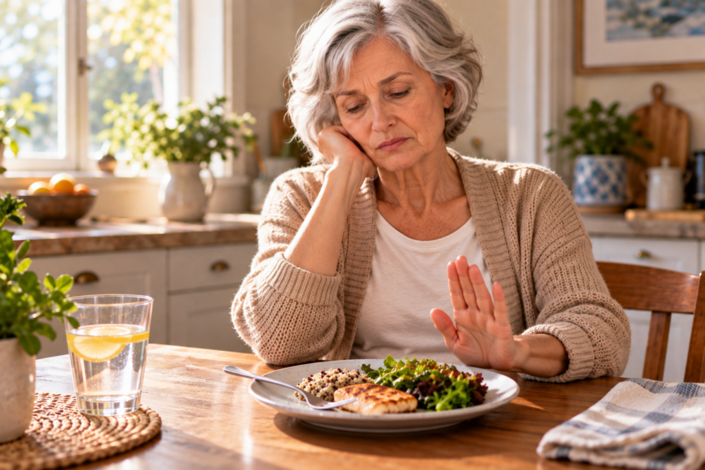 Older woman at a kitchen table pushing away a plated meal because she has little appetite.