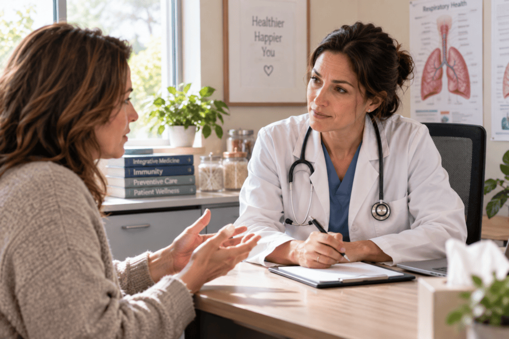 Person talking with an attentive doctor about cold and flu symptoms in a bright office.