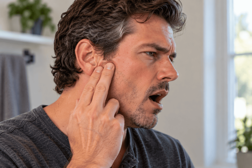 Man touching the temporomandibular joint in front of his ear while opening his mouth and noticing discomfort.