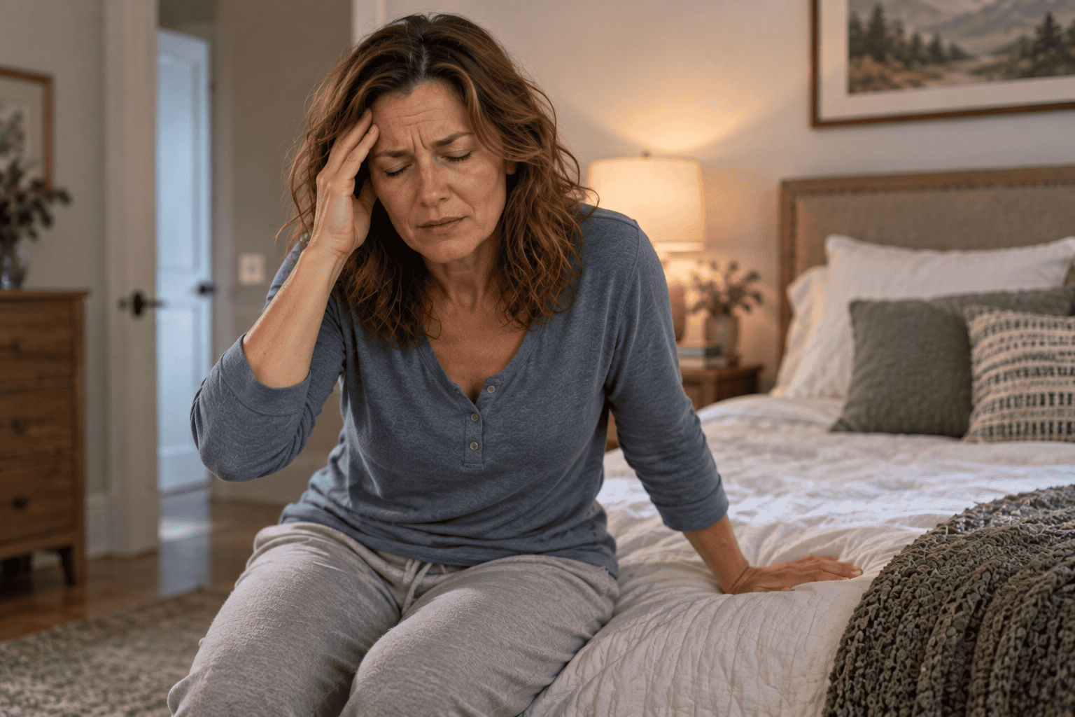 Person sitting on a bed steadying themselves with a hand to their head, eyes closed, during a wave of vertigo.