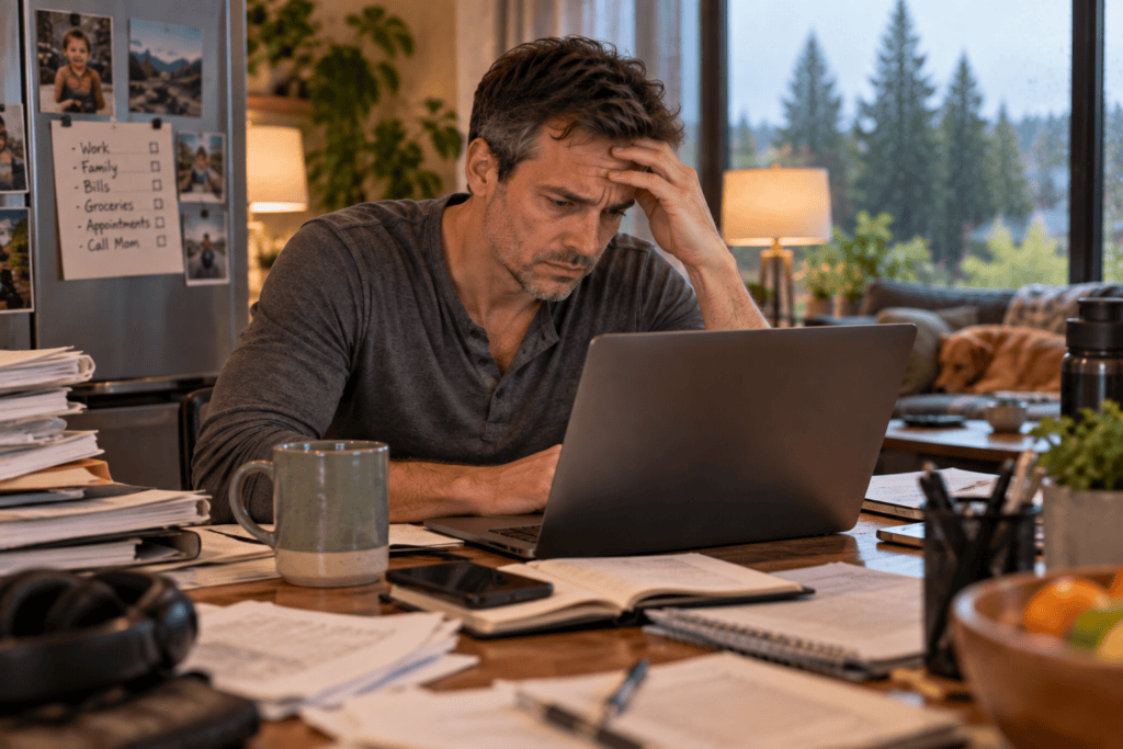 Stressed man overwhelmed by work and everyday responsibilities while working from home.