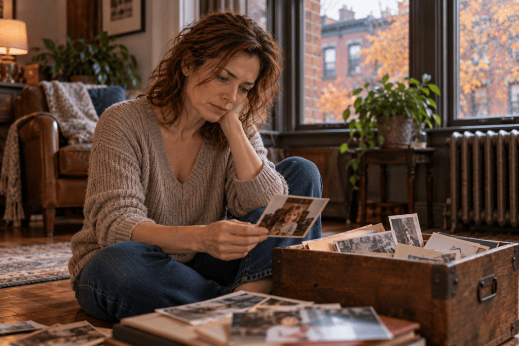 Woman looking through childhood photographs while reflecting on where her self-critical patterns may have begun.