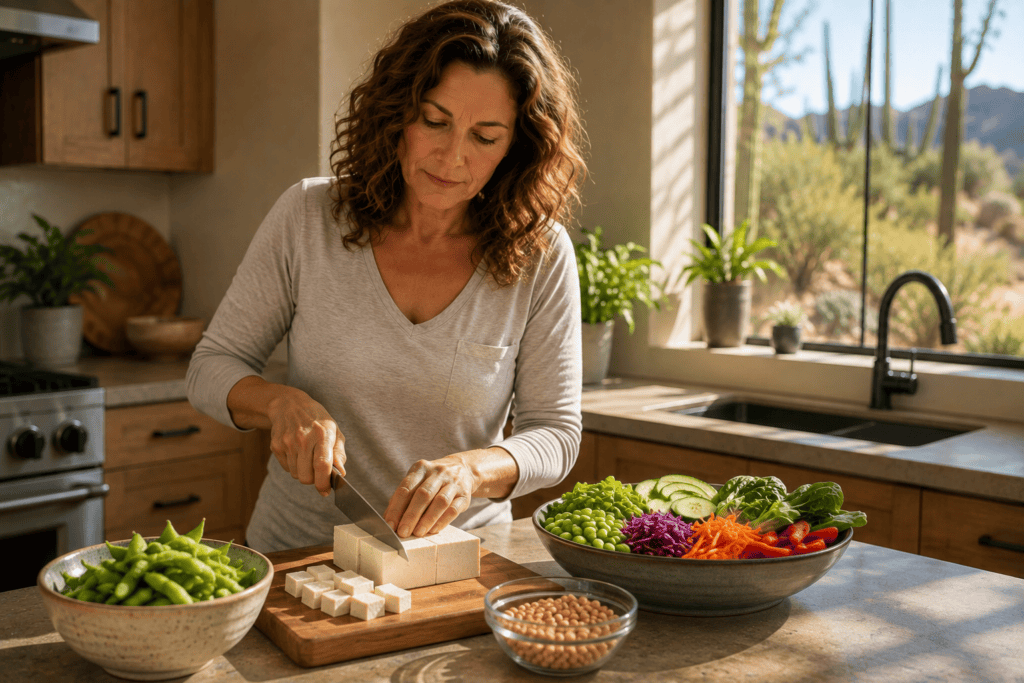 Woman preparing tofu, edamame, and vegetables in a bright home kitchen.