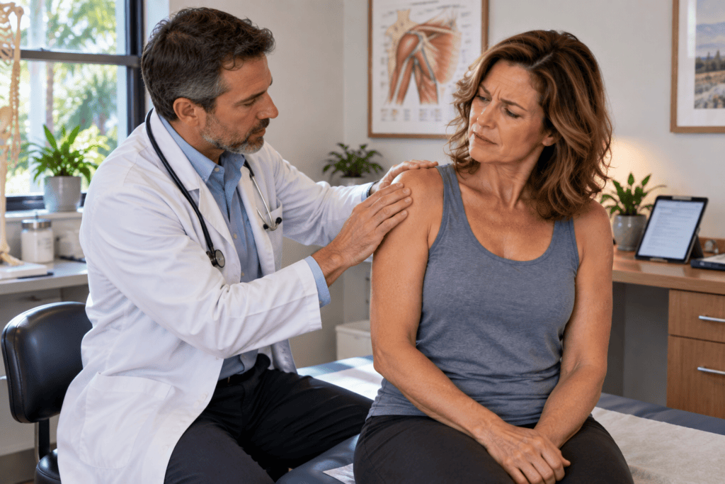 Clinician examining a woman’s shoulder while discussing possible causes and risk factors for frozen shoulder.