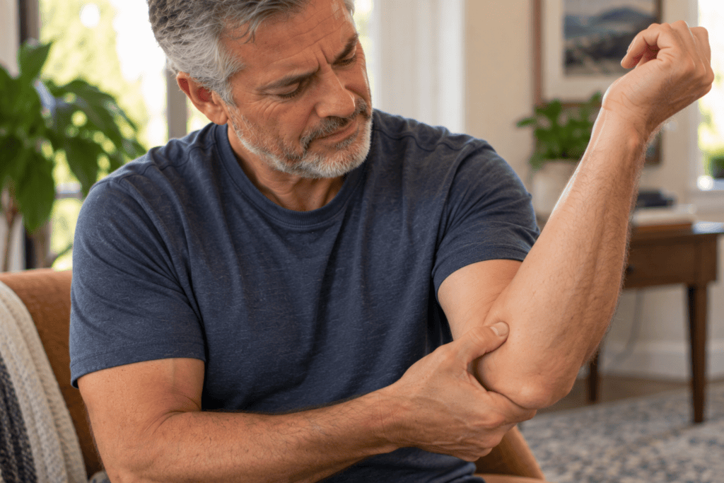 Person pressing a point on the inner elbow with the opposite thumb to relieve golfer's elbow pain.