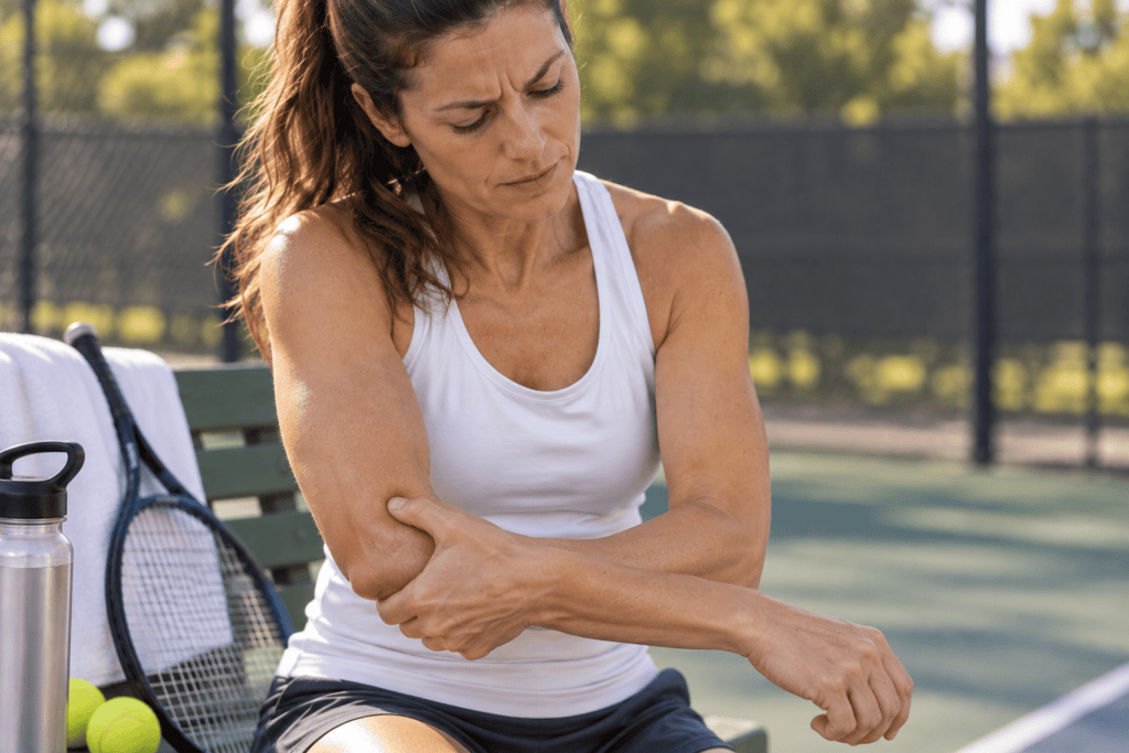 Person pressing a point on the forearm just below the elbow to relieve tennis elbow pain.