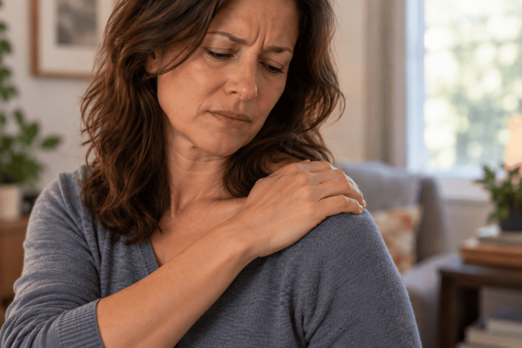 Person pressing the top of the shoulder with the opposite hand to relieve shoulder pain.