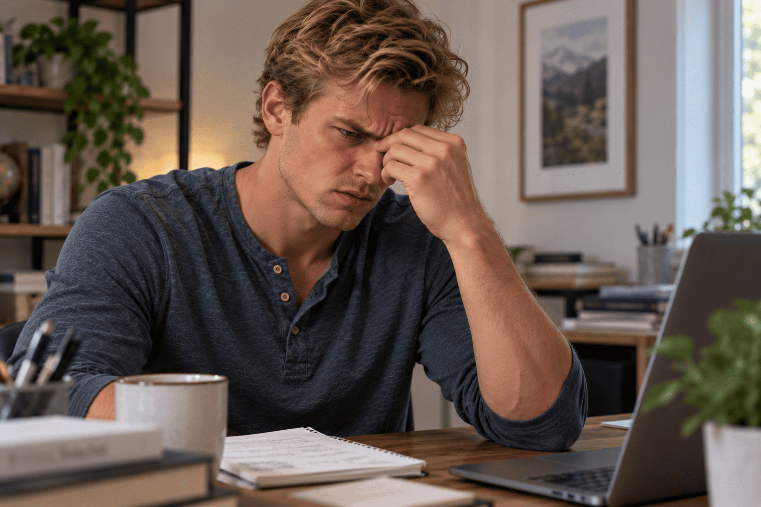 Person at a desk looking tense and irritable, pinching the bridge of their nose, worn thin and on edge.