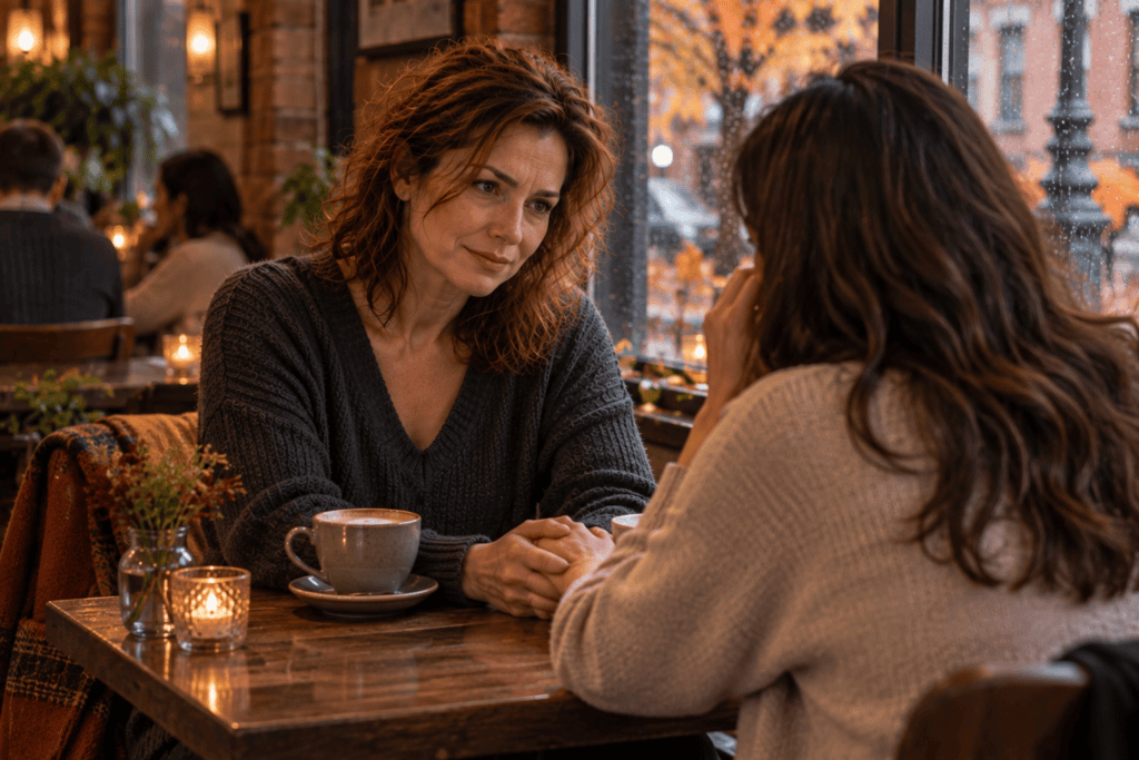 Woman responding kindly and compassionately to a friend during a personal conversation.