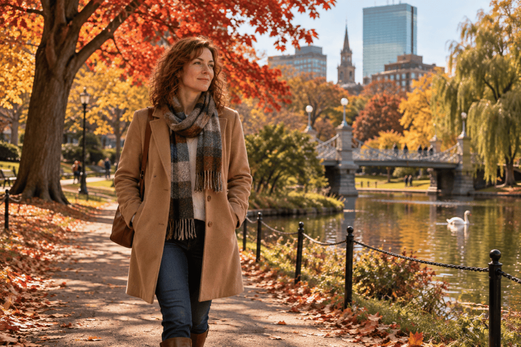 Woman walking peacefully through a Boston park in autumn with a calm and grounded expression.