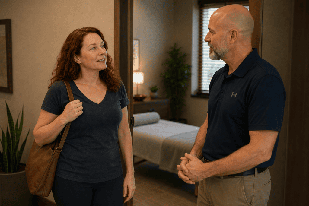 Woman speaking comfortably with her acupuncturist at the end of her first appointment.