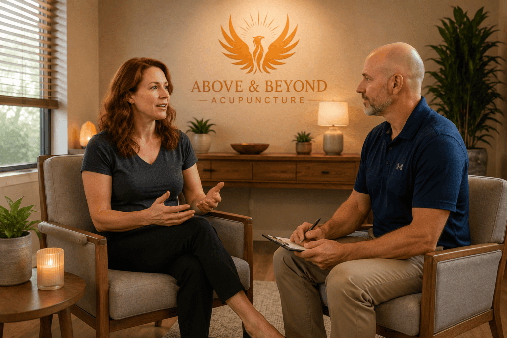 Woman talking privately with an acupuncturist during her first acupuncture consultation.