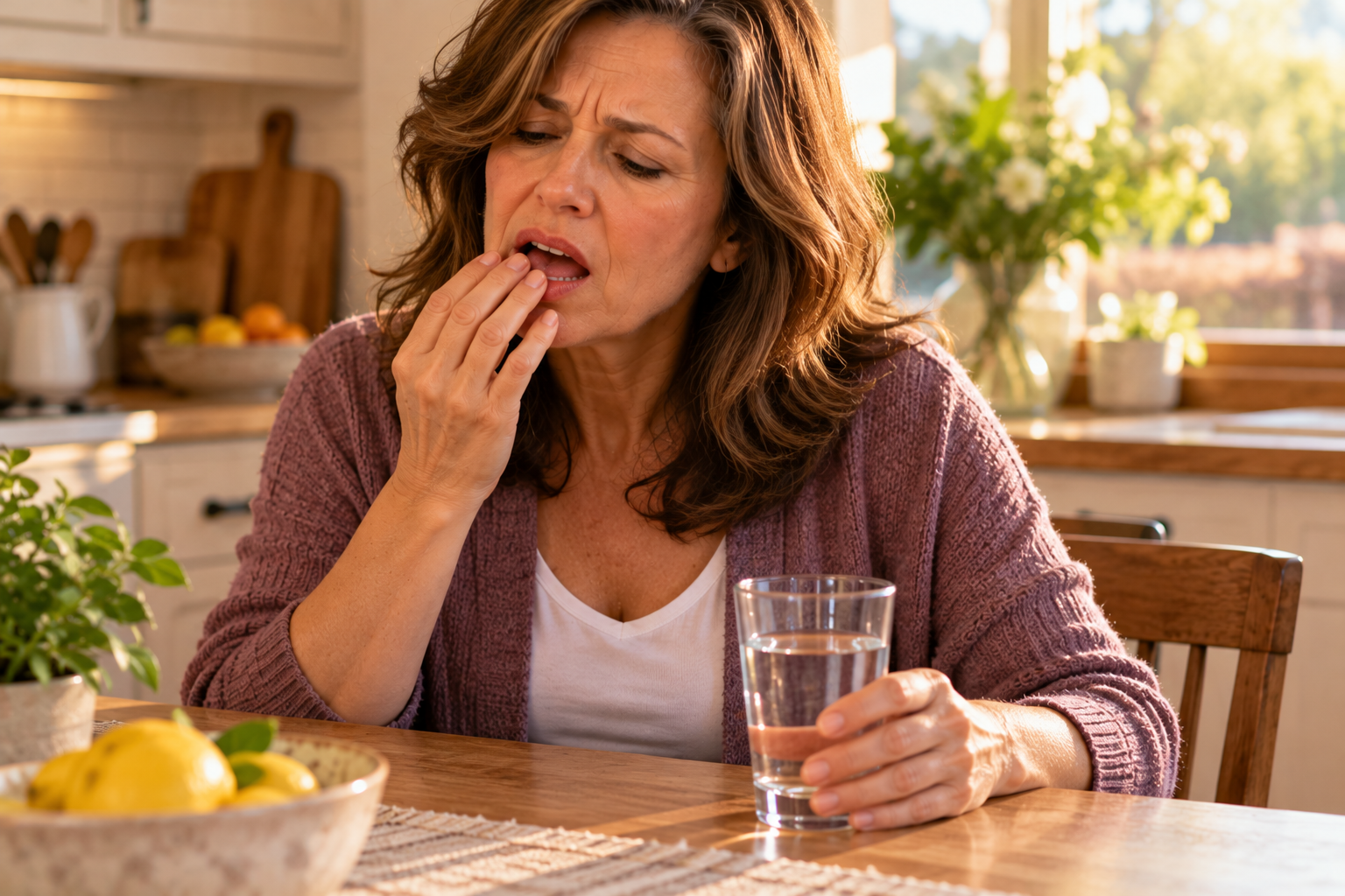 Woman at a kitchen table with fingertips resting against her lips, looking uncomfortable, a glass of water nearby.