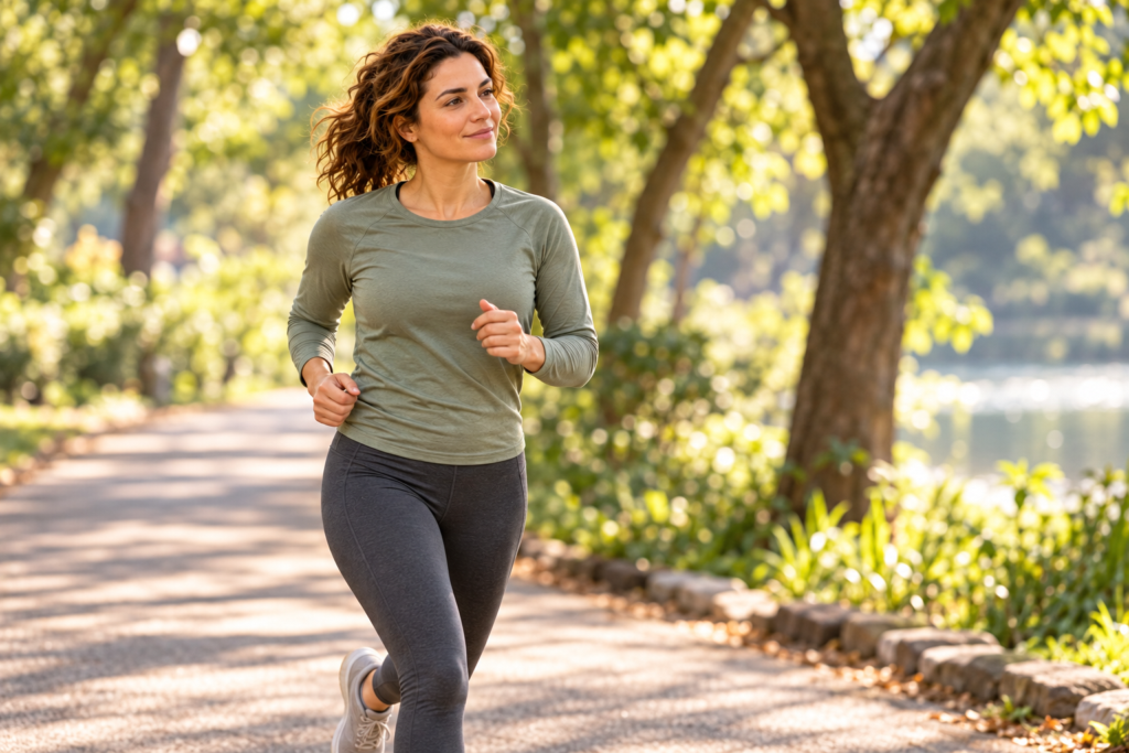 Woman jogging along a sunny tree-lined path in the morning, relaxed and energized.