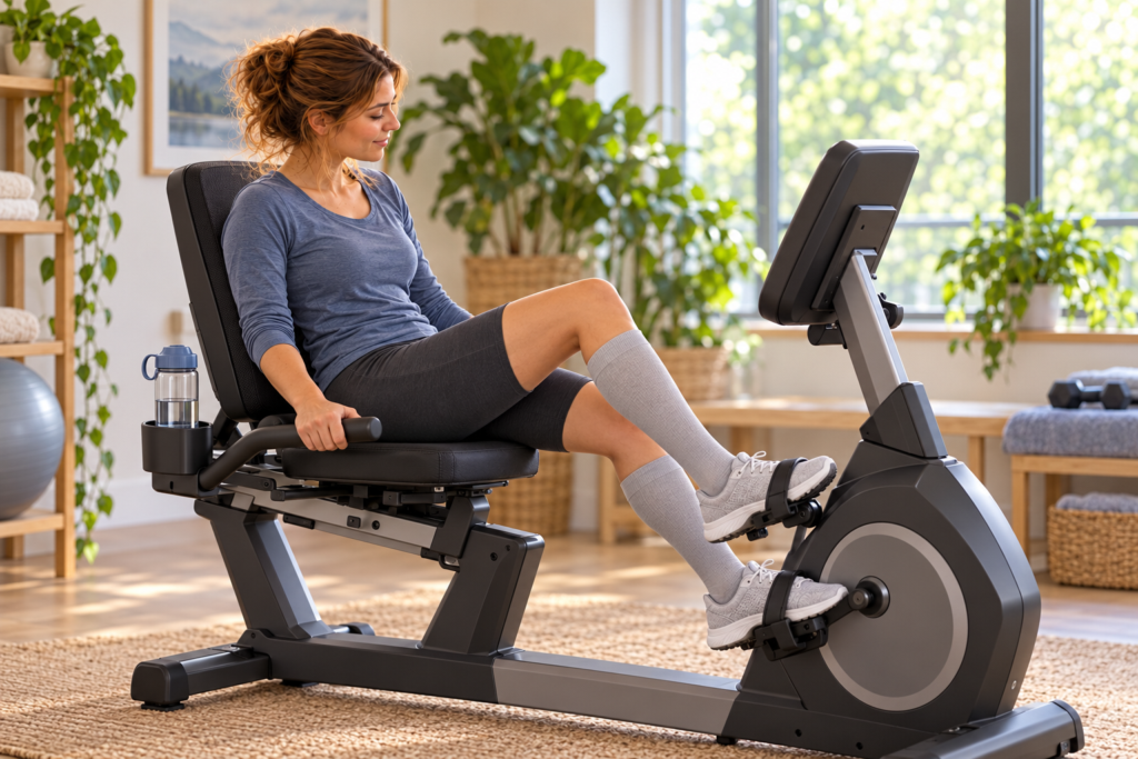 Young woman on a recumbent bike in a cool room, a water bottle and compression socks visible.