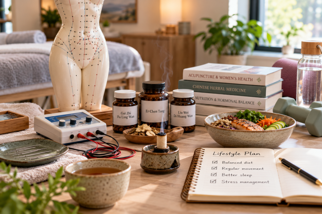 Acupuncture needles, electroacupuncture equipment, moxibustion, Chinese herbs, nutritious food, and exercise tools arranged in a treatment room.