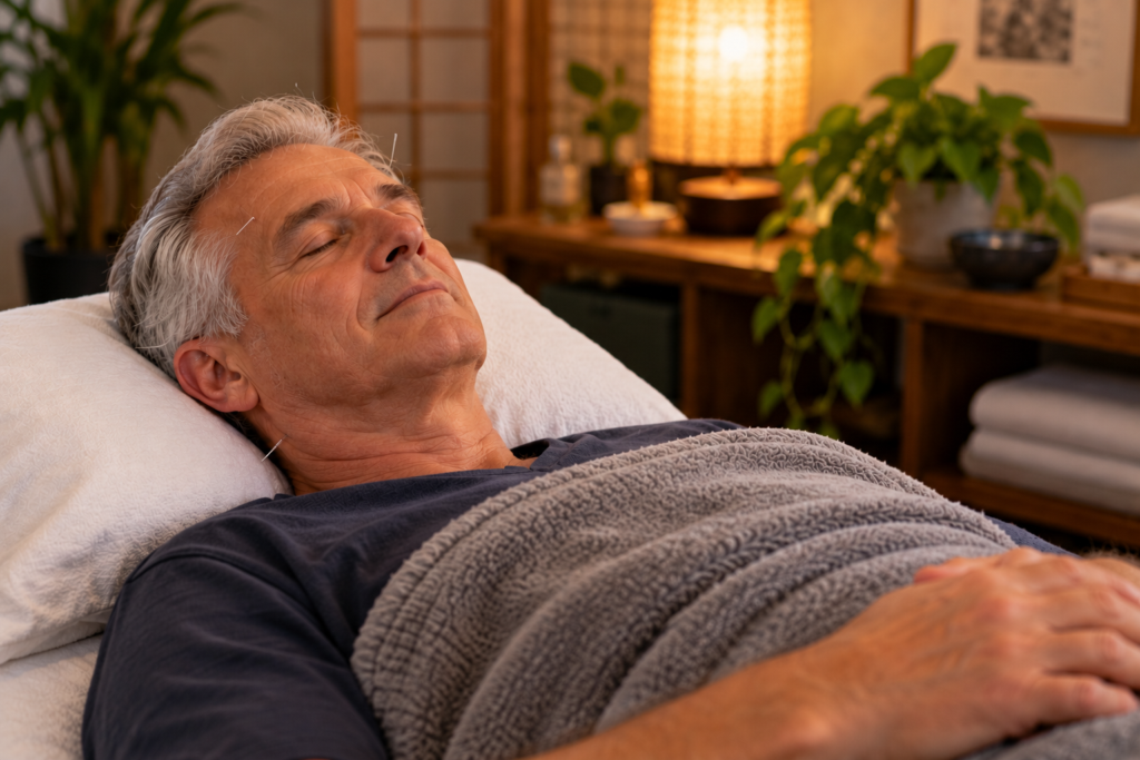 Older man resting peacefully with eyes closed on a treatment table under a blanket, a warm lamp nearby.