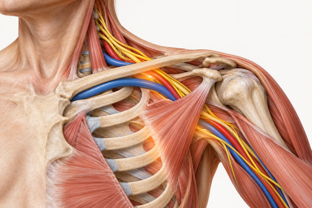 Anatomical illustration of nerves and vessels passing between the collarbone and first rib to the arm.