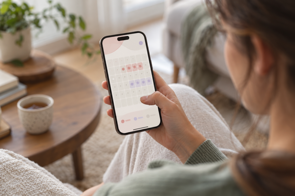 Woman's hand holding a phone with a cycle-tracking calendar, a few days softly highlighted.