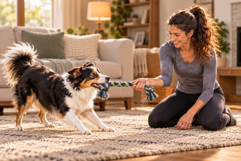 Person kneeling on a living room floor playing tug of war with a dog using a low-held rope toy.