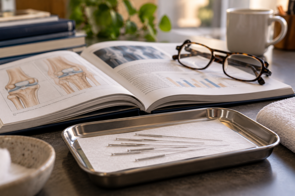 Acupuncture needles on a clinical tray beside an open journal and reading glasses.