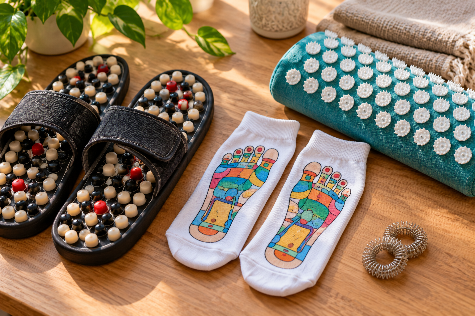 Flat lay of nubbed acupressure slippers, printed reflexology socks, a spiked acupressure pillow, and two metal finger rings on a wooden surface.