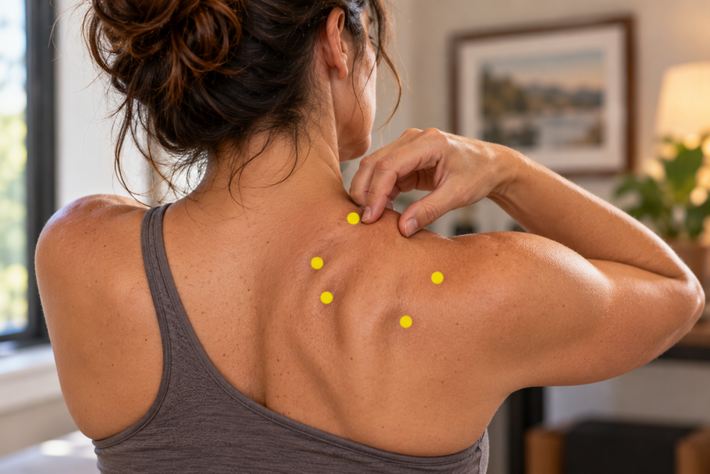 Close-up of an upper back with several yellow dot markers over tender knots in the muscles beside the shoulder blade, indicating Ashi points.