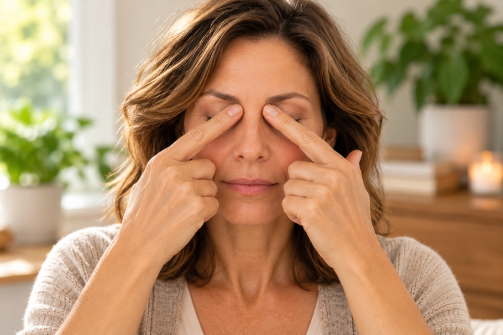 Woman gently pressing BL1 at the inner corners of both eyes with her index fingers, eyes closed.