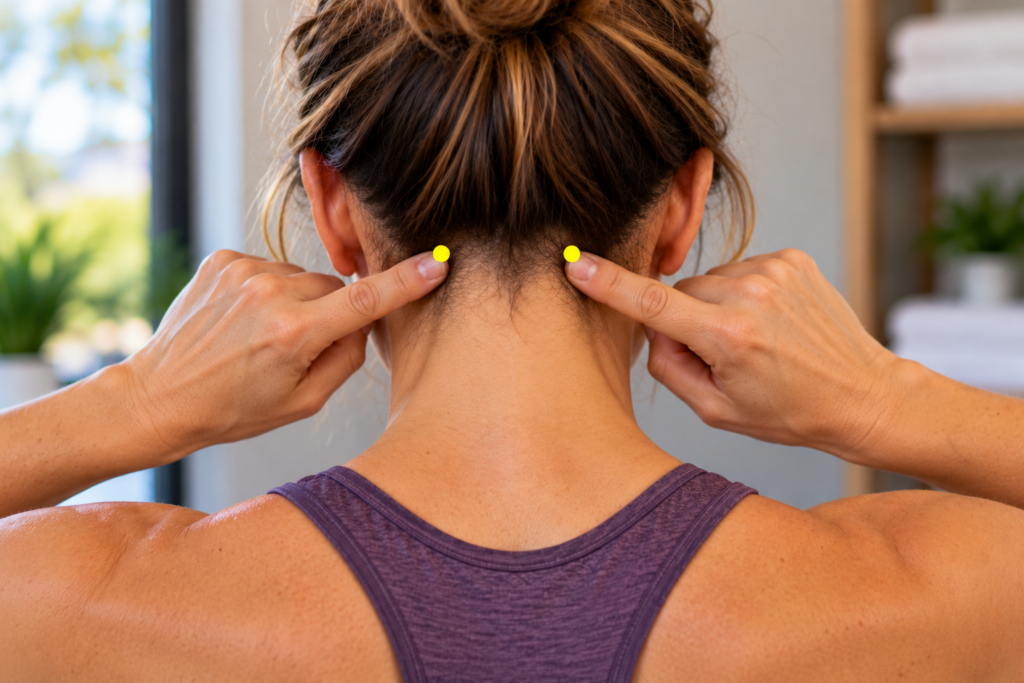 Close-up of fingertips pressing gently on BL10, the acupressure points at the hairline on the outer edge of the thick neck muscles.