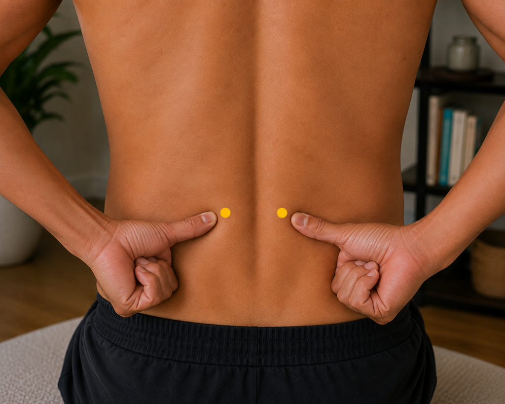 Person pressing their knuckles into BL23, the acupressure points on the lower back two finger-widths to each side of the spine at waist level.