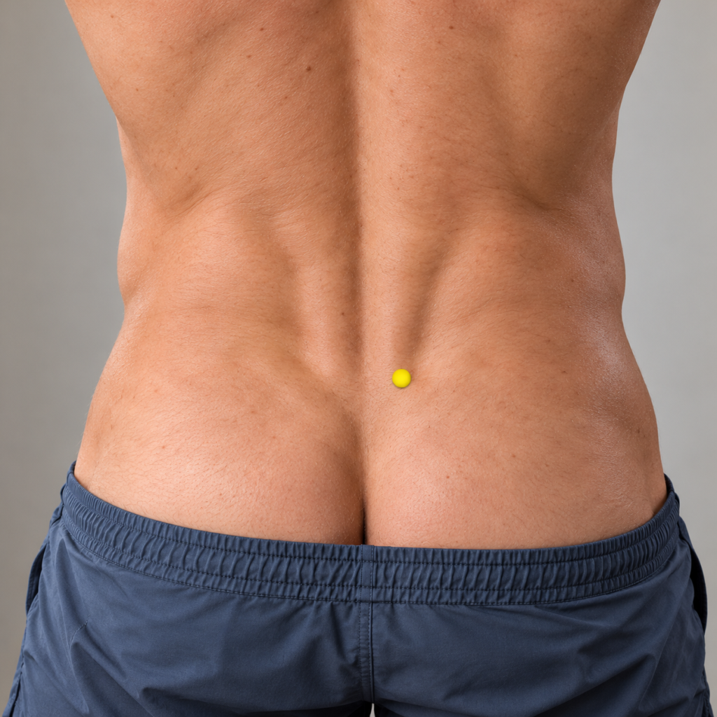 Close-up of knuckles pressing BL25, the acupressure points on the lower back two finger-widths to each side of the spine, level with the top of the hip bones.