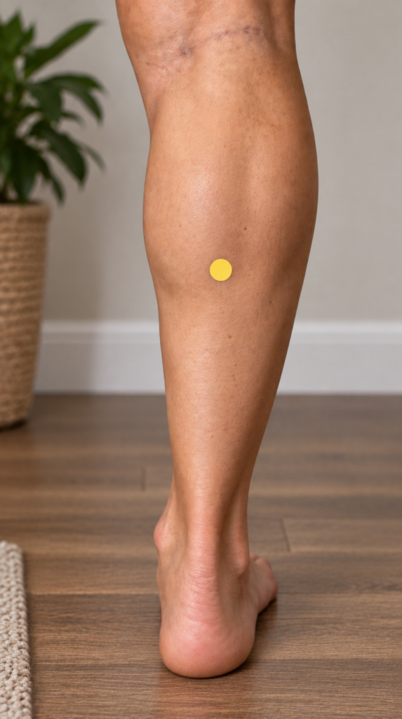 Close-up of a thumb pressing BL57, the acupressure point on the back of the lower leg in the hollow just below the calf muscle.
