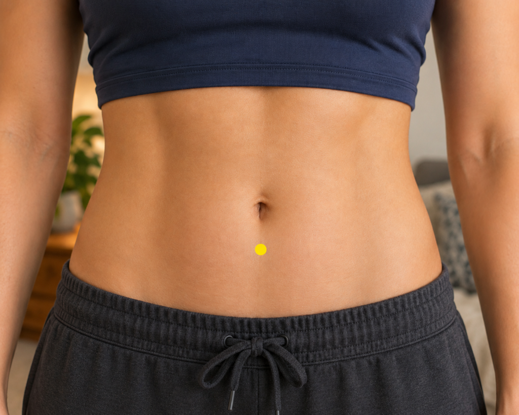 Close-up of a lower abdomen with a yellow dot marker on the midline two finger-widths below the navel, indicating CV6.