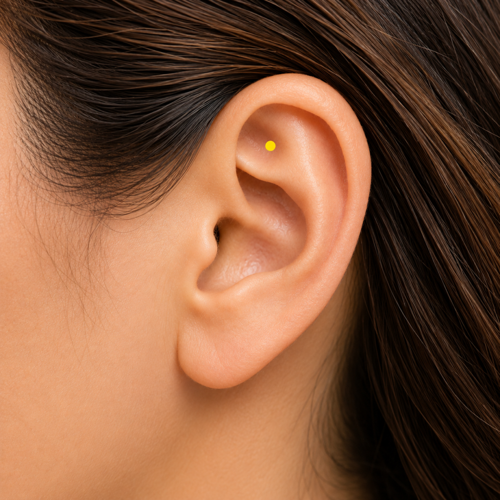 Close-up of an ear with a yellow dot marker at the apex of the triangular hollow near the top, indicating Ear Shenmen.