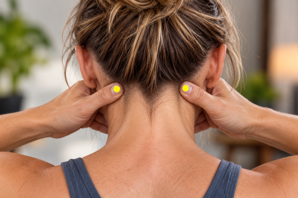 Person pressing both thumbs into GB20, the acupressure points in the two hollows at the base of the skull between the large vertical neck muscles and the muscles along the side of the neck.