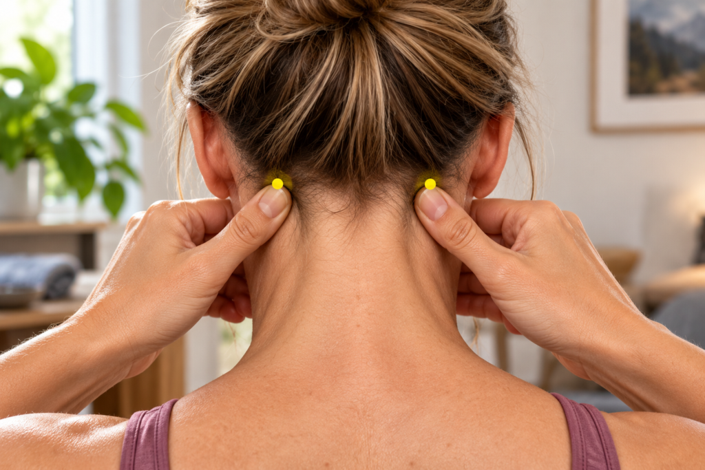 Person pressing their thumbs upward into GB20, the hollows at the base of the skull on either side of the neck muscles.