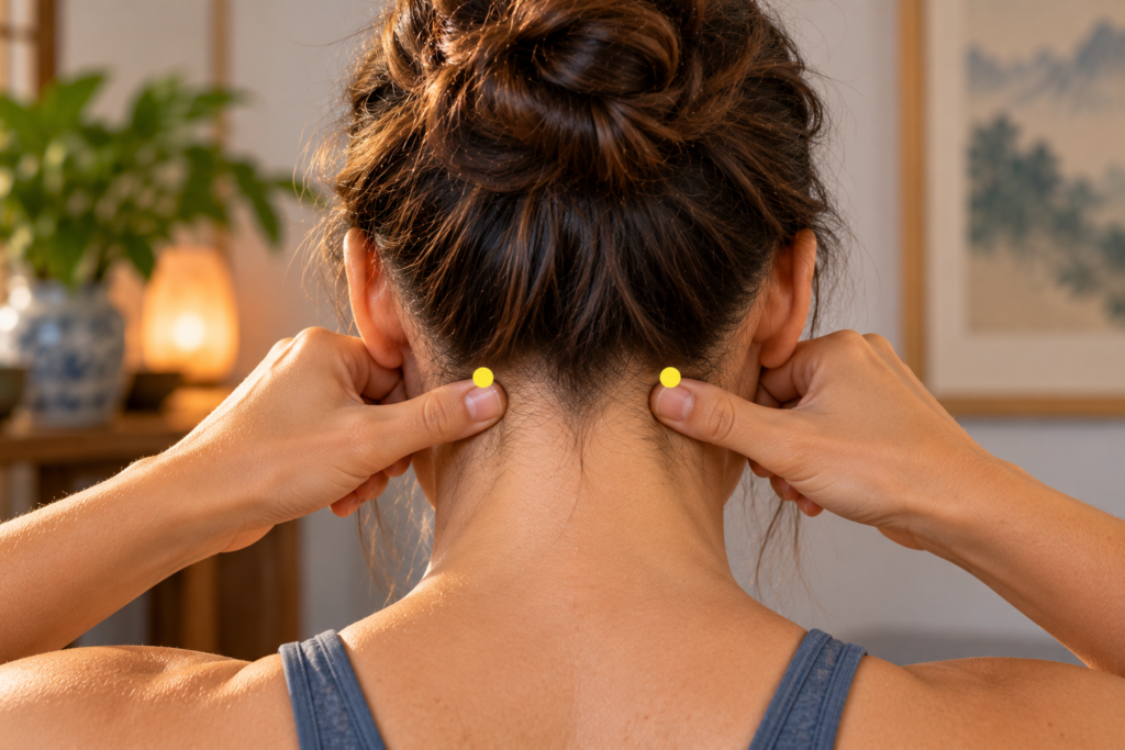 Person pressing both thumbs into GB20, the acupressure points in the two hollows at the base of the skull between the large vertical neck muscles and the muscles along the side of the neck.