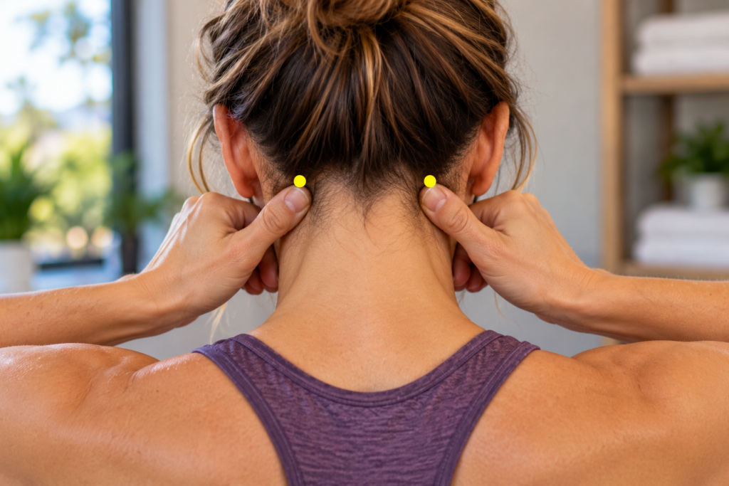 Person pressing their thumbs gently upward into GB20, the hollows at the base of the skull on either side of the neck muscles.