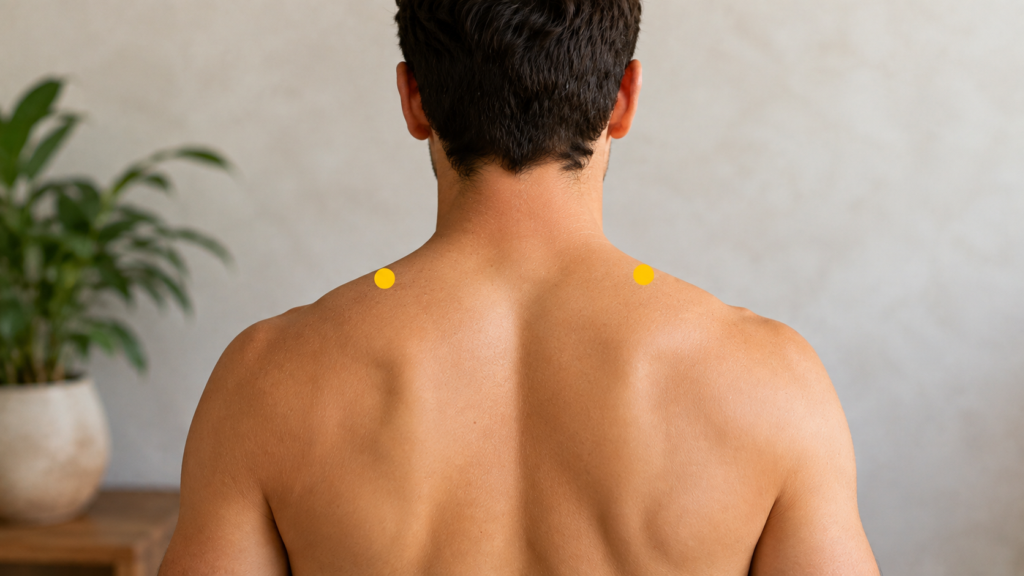 Close-up of a shoulder with a yellow dot marker at the highest point of the shoulder on the muscle ridge, indicating GB21.