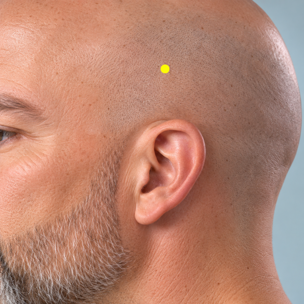 Close-up of fingertips pressing GB8, the acupressure point on the side of the head about two finger-widths directly above the tip of the ear.