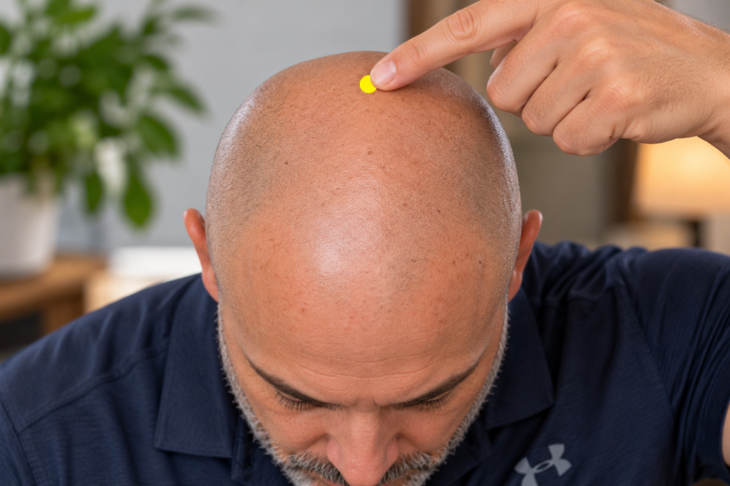 Close-up of a fingertip resting on GV20, the acupressure point at the very top of the head on the midline, level with the tops of the ears.