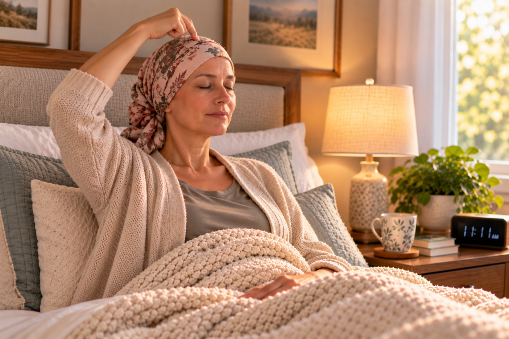 Woman sitting upright in bed pressing GV20 at the crown of her head while practicing acupressure for cancer-related fatigue.