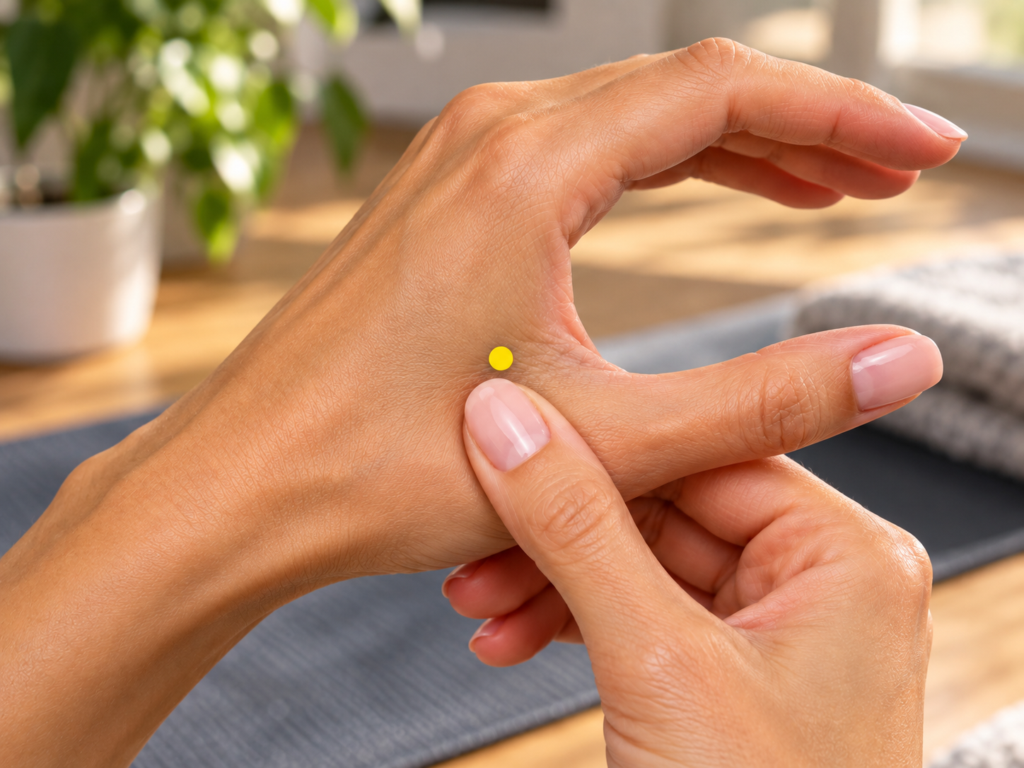 Close-up of a hand with a yellow dot marker in the webbing between the thumb and index finger, indicating LI4.