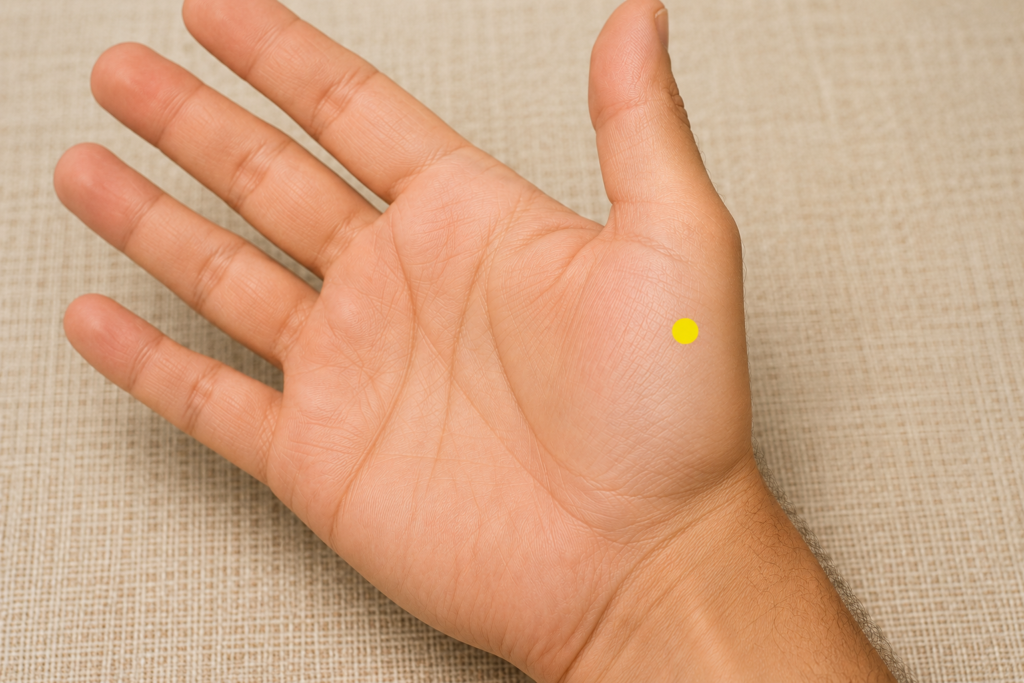 Close-up of a palm with a yellow dot marker on the fleshy mound at the base of the thumb, indicating LU10.