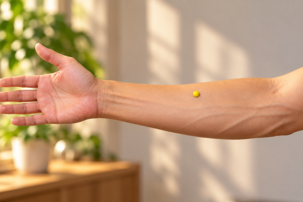 Close-up of the thumb side of an inner forearm with a yellow dot marker slightly above the midpoint between the elbow and wrist, indicating LU6.