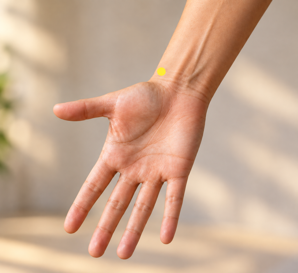 Close-up of the thumb side of a forearm with a yellow dot marker two finger-widths above the wrist crease on the edge of the bone, indicating LU7.