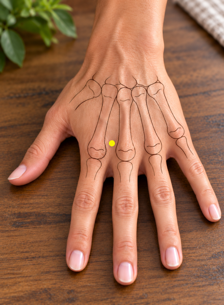 Close-up of a thumb pressing Luozhen, the extra point on the back of the hand between the bones of the index and middle fingers, just behind the knuckles.